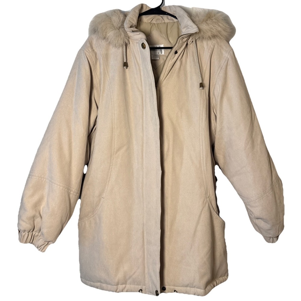 Worthington‎ Womens Coat Large Beige Hooded Faux Fur Thermolite Jacket Winter